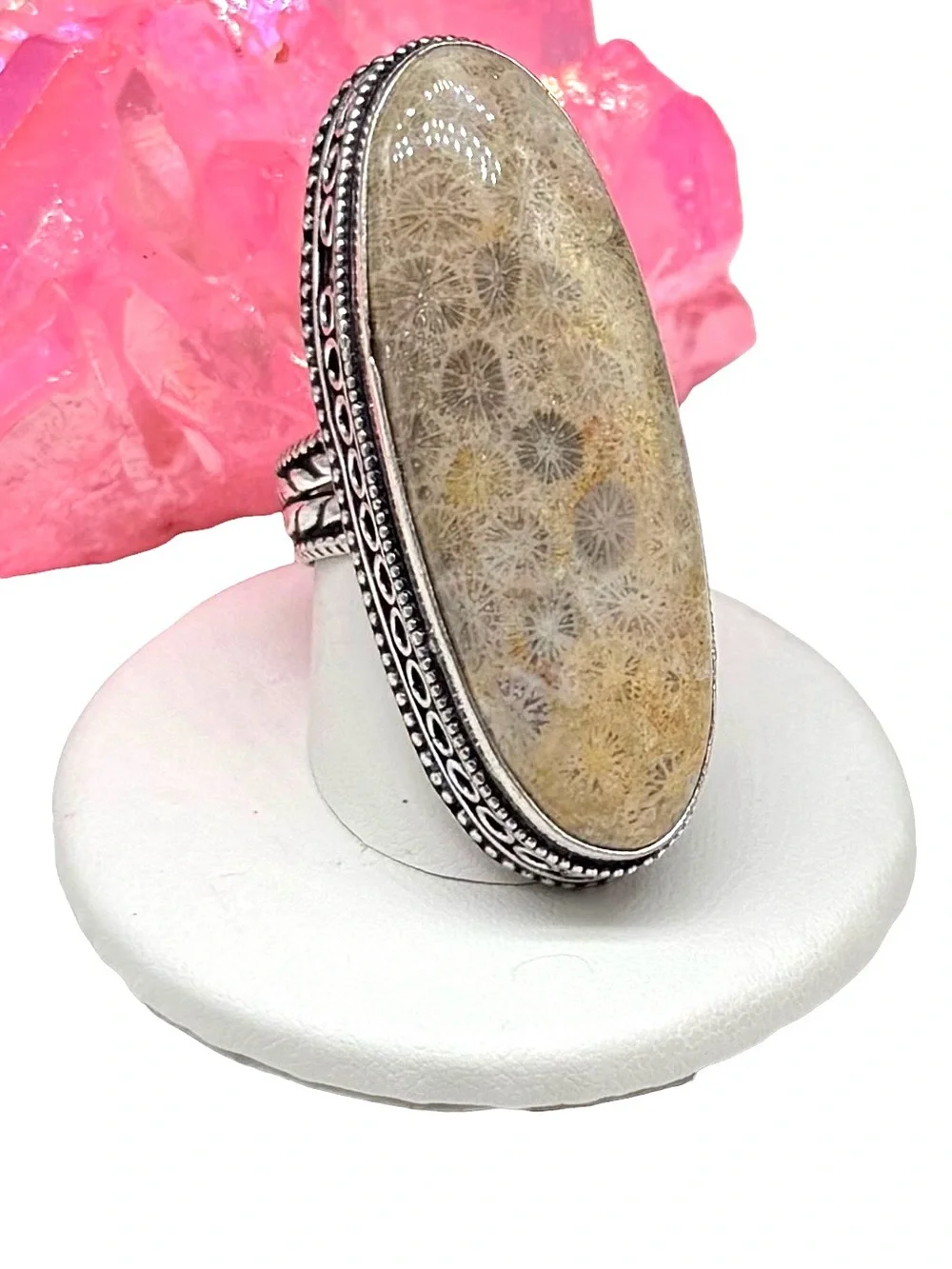 Fossil Coral Ring Size 7 925 Sterling Silver Overlay